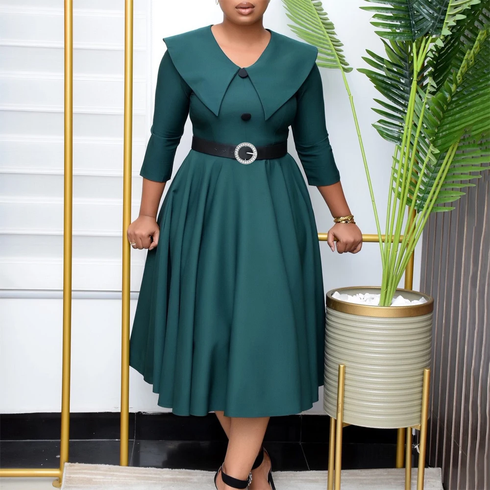 

Elegant Office Ladies Dresses Turn Down Collar Three Quarter Sleeve Belt Waisted Pleated Mid Calf Formal Business Work Dress Hot