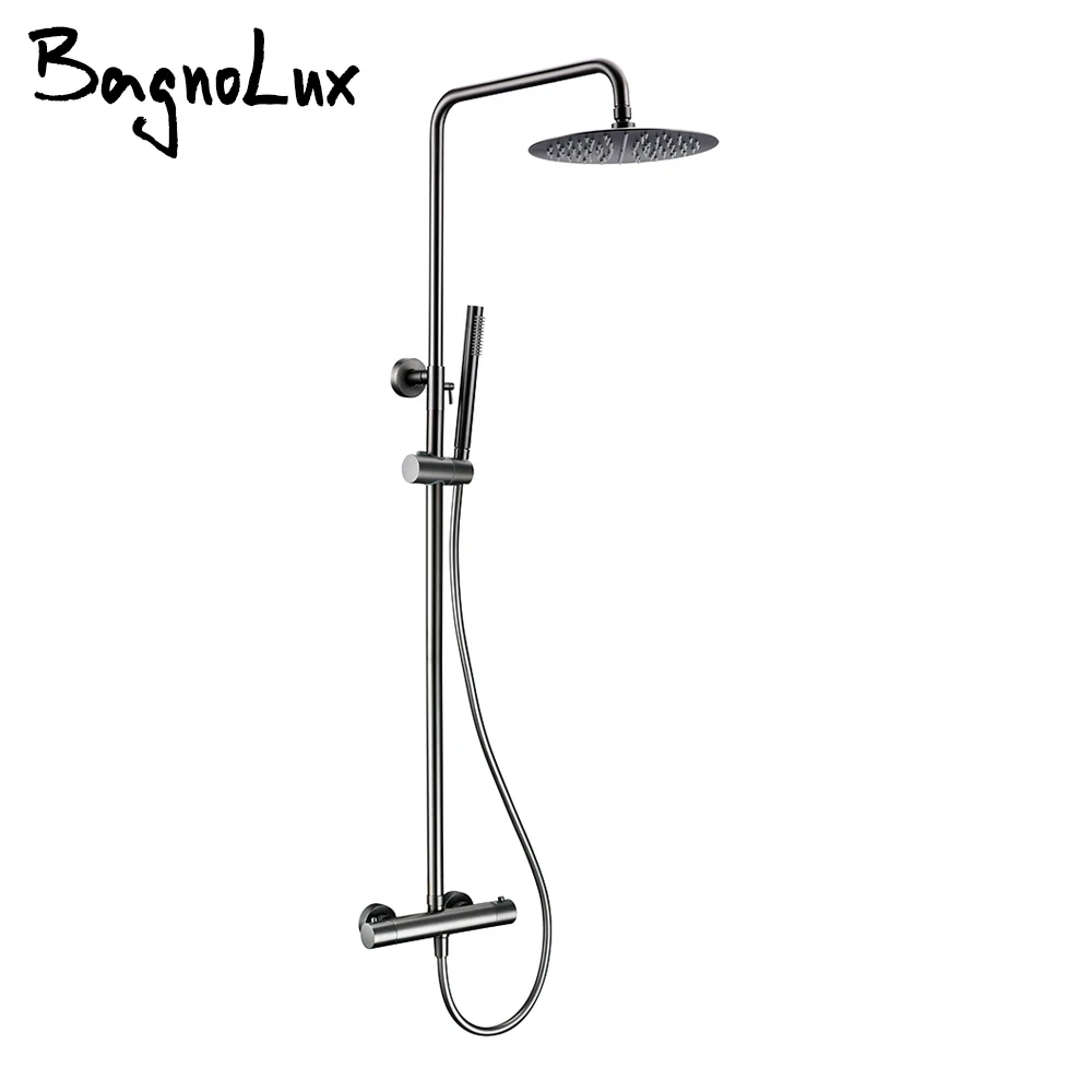 Thermostat Shower Set Mixer Tap Valve Bathroom Thermostatic Faucet Wall Mount Arm Diverter With Handheld Spray & Rain Head