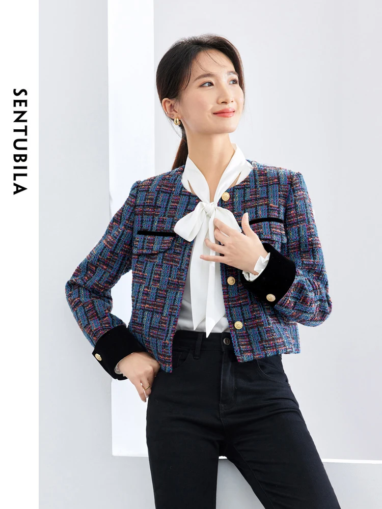 

SENTUBILA Vintage Contrast Cropped Tweed Jacket Women 2024 Spring Fashion Ladies Contrast Round Neck Short Coat Woman 141W53206