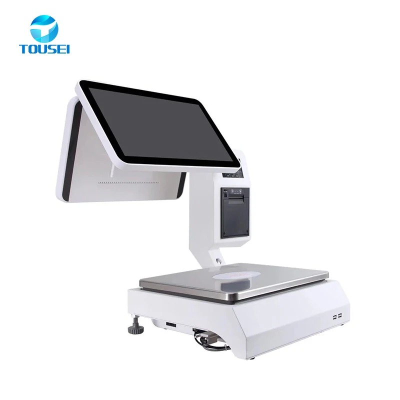 Digital Commercial Scale Dual touch screen 15kg electronic weighting pos scale with built-in thermal printer for fruit shops