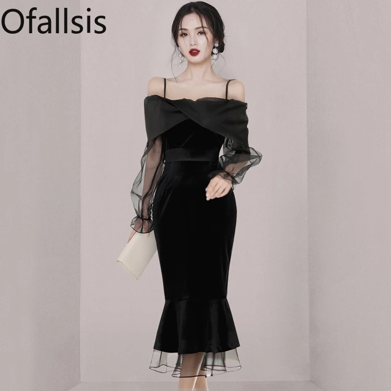 

Женское бархатное платье с оборками Ofallsis, Элегантное Длинное платье с одним открытым плечом и оборками по краям, платье с юбкой годе, лето 2023