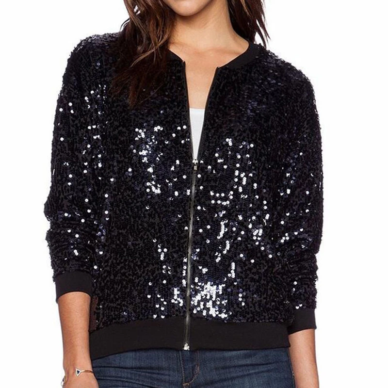 Women Black Sequin Bomber Jacket Loose Stand Collar 2023 Spring Autumn
