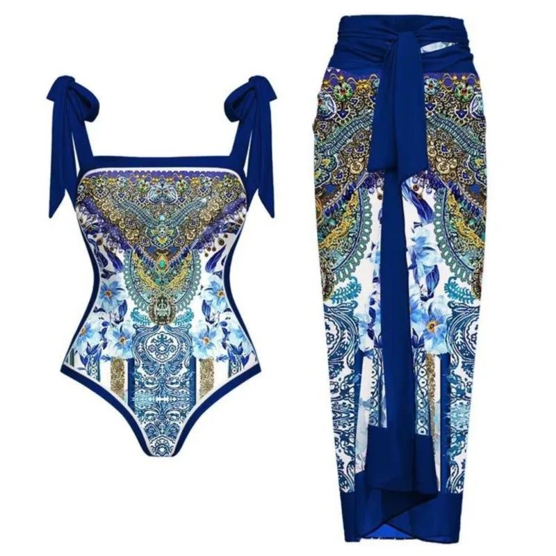 Two Piece Women's Set Fashion Printed Swimwear Summer Sexy Jumpsuit Swimsuit Chiffon Slit Skirt Matching Suit 2023 New Arrival