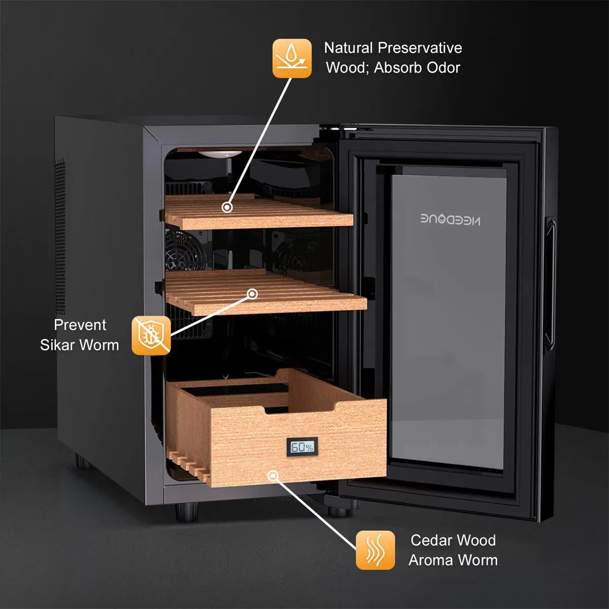 NEEDONE Humidor 23L with Cooling and Heating Temperature Control System Electric Cooler for 150 Counts with Digital Hygrometer 4