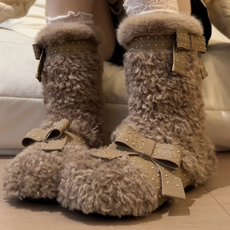 New  Snow Women Boots with Fur Platfrom  Belt Buckle Design Round Toe Mid Calf Shoes Luxury  Winter Warm Causal Boots