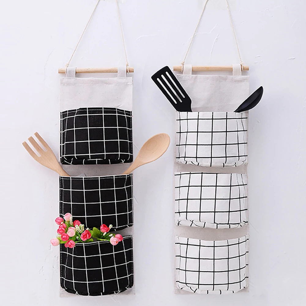 Qanye 3 Pezzi Borsa Portaoggetti da Appendere, Organizer da Parete in Tessuto Lino e Cotone, con 3 Scomparti e Gancio Adesivo, Impermeabile, per Camera, Bagno, Cucina, Dormitorio (Bianco