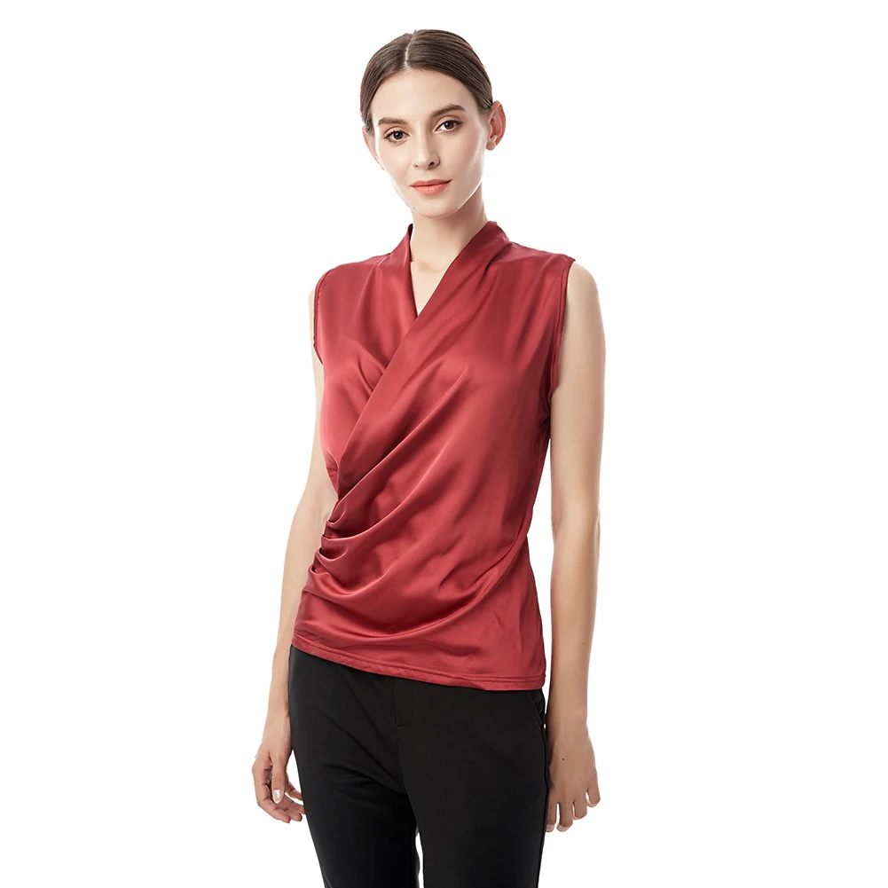 New Smooth Satin Female Sleeveless Blouse V-neck Top Slim Fit Outside Shirts