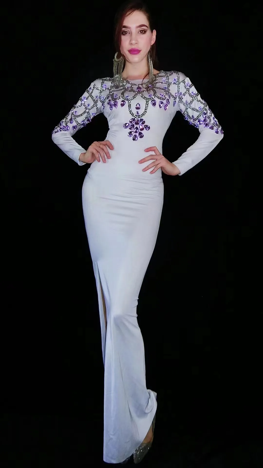 

High end custom full diamond long sleeved buttocks, slim fitting slit dress, long dress, female singer model runway