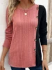 Ribbed Colorblock Button Decor T-Shirt，Casual Long Sleeve Top For Spring & Fall，Women's Clothing 3
