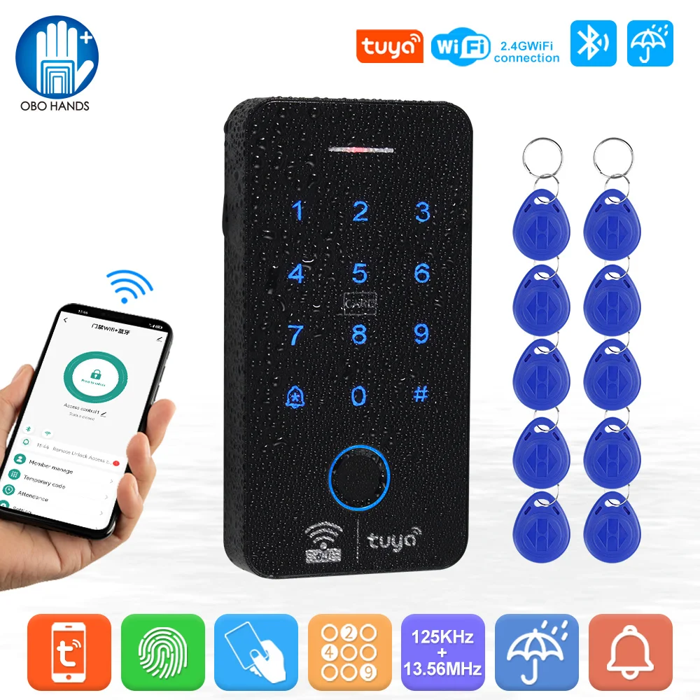 Fingerprint Access Control Keypad WiFi Tuya Fingerprint Access Controller Outdoor Waterproof Standalone RFID Keypad System 125KHz 13.56MHz WG26 Smart APP Unlock