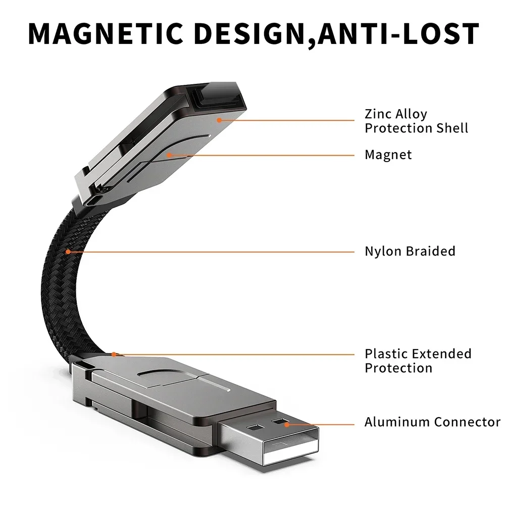 Portable Magnetic Keyring 4-in-1 Fast Charging Cable - Short Length with PD 60W USB A/C to Type C for Travel and Convenience