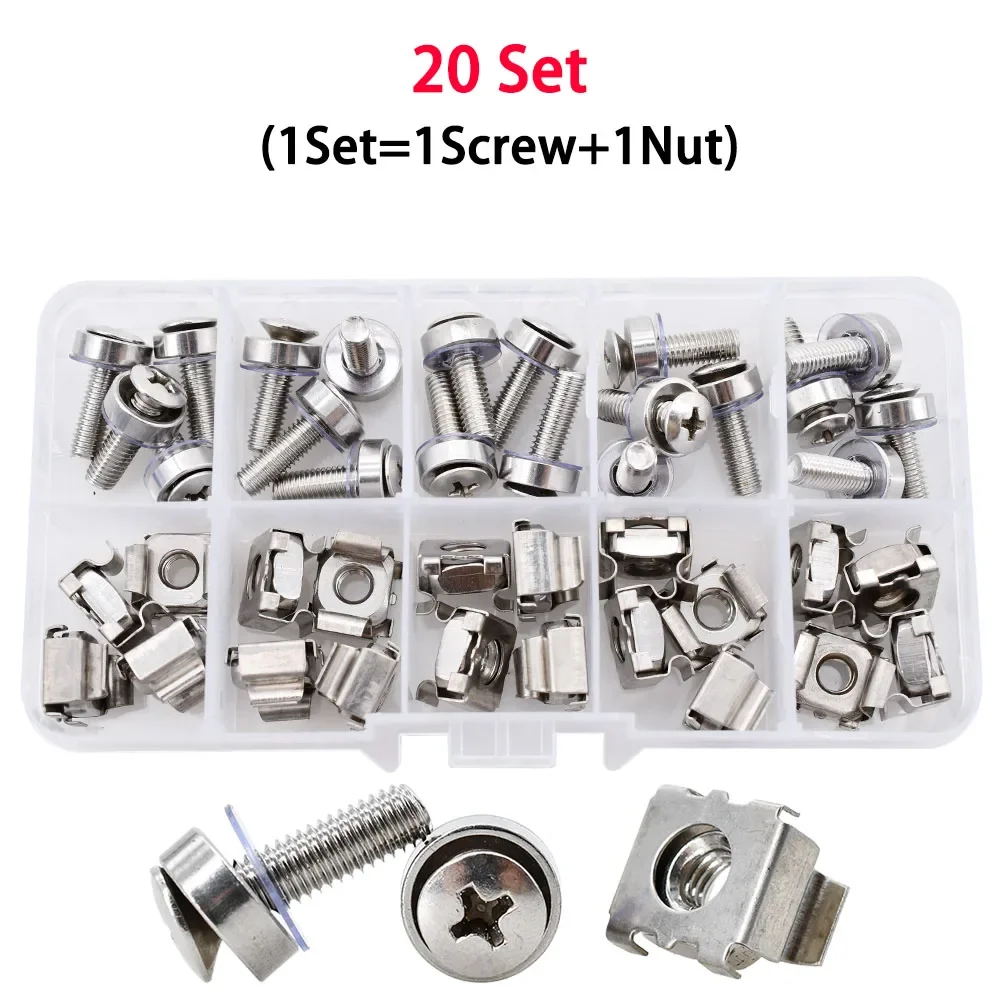 20Set 304 Stainless Steel Rack Mount Screw Lock Nut Set Server Cabinet Shelves Phillips Screws Bolt Washers Cage Nuts Kit M5 M6