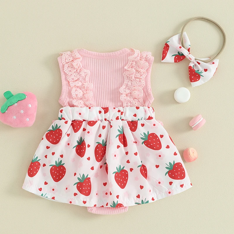 

Наряды для новорожденных девочек летний детский комбинезон без рукавов с клубничным принтом Комбинезон С Бантом Летняя одежда повязка на голову