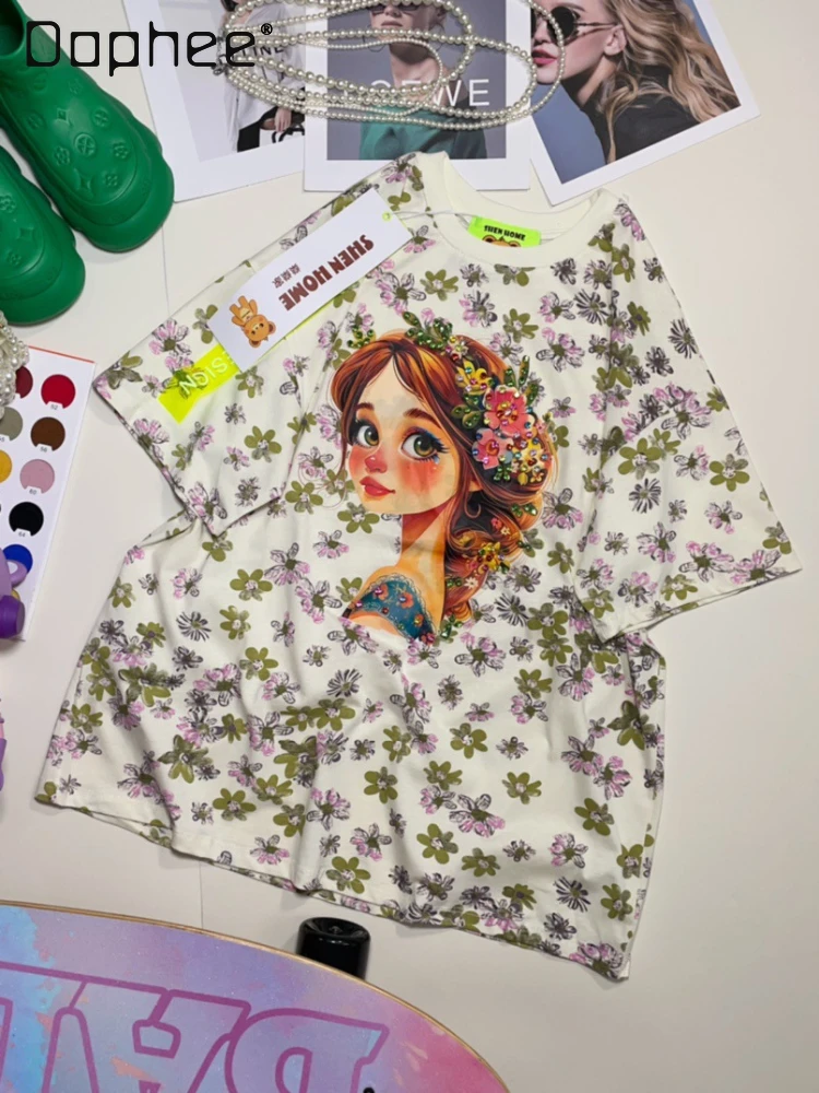 

Beaded Printed Loose Casual Short-Sleeved T-shirt 2024 Summer New Korean Style Loose Temperament Floral Top Women Clothing