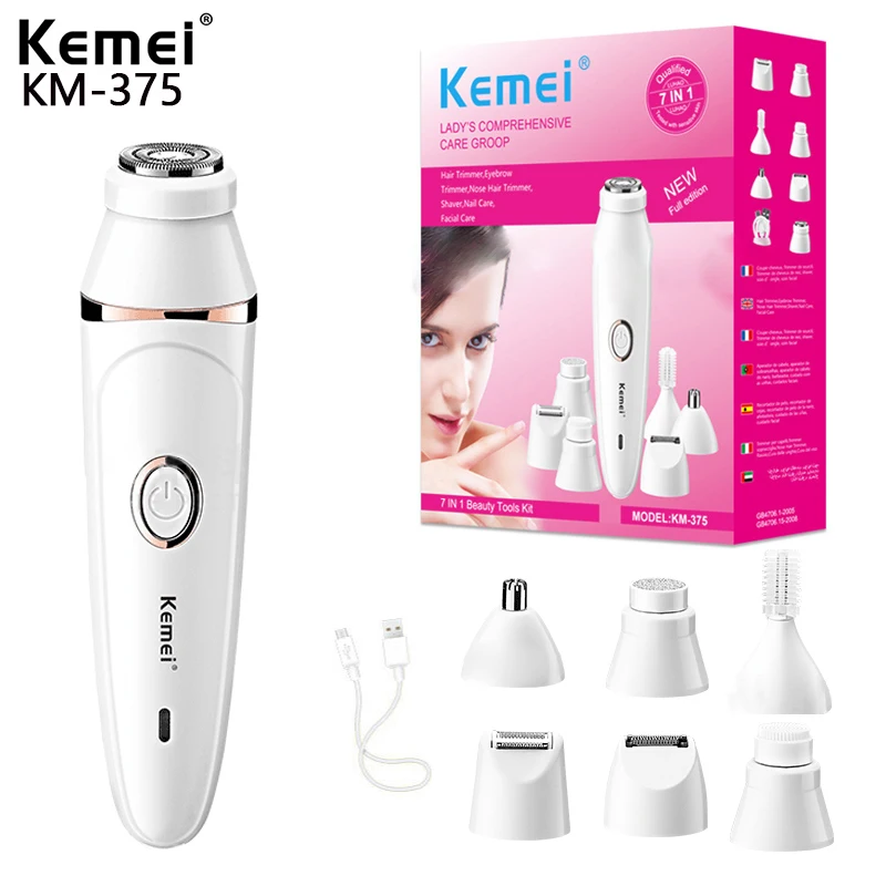 Kemei KM-375 7 In 1 Multifunctional Ladies Shaver Bikini 2023 Women Hair Remover for Ladies Home Appliance for Sensitive Areas