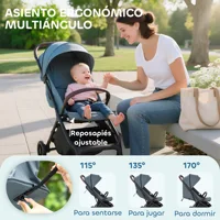 Poussette pliable Pawhut avec dossier inclinable, repose-pieds réglable, capote, harnais 5 points, capacité de charge 15 kg, bleu foncé 6