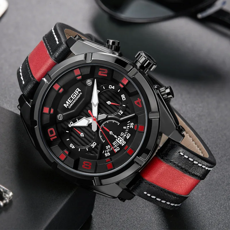 MEGIR New Sport Mens Watches Top Brand Luxury Leather Quartz Watch For Men Waterproof Military Wristwatch Relogio Masculino