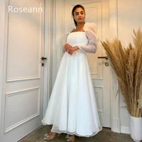 Muslim Exquisite Square A-line Wedding Dresses Puff Sleeve Satin Draped Pleat Full Bride Dresses Anck Length robe de mariée 1