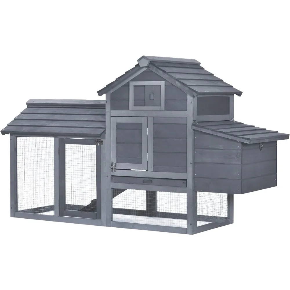 

59" Small Wooden Chicken Coop Hen House Poultry Cage for Outdoor Backyard with 2 Doors Nesting Box and Removable Tray, Gray