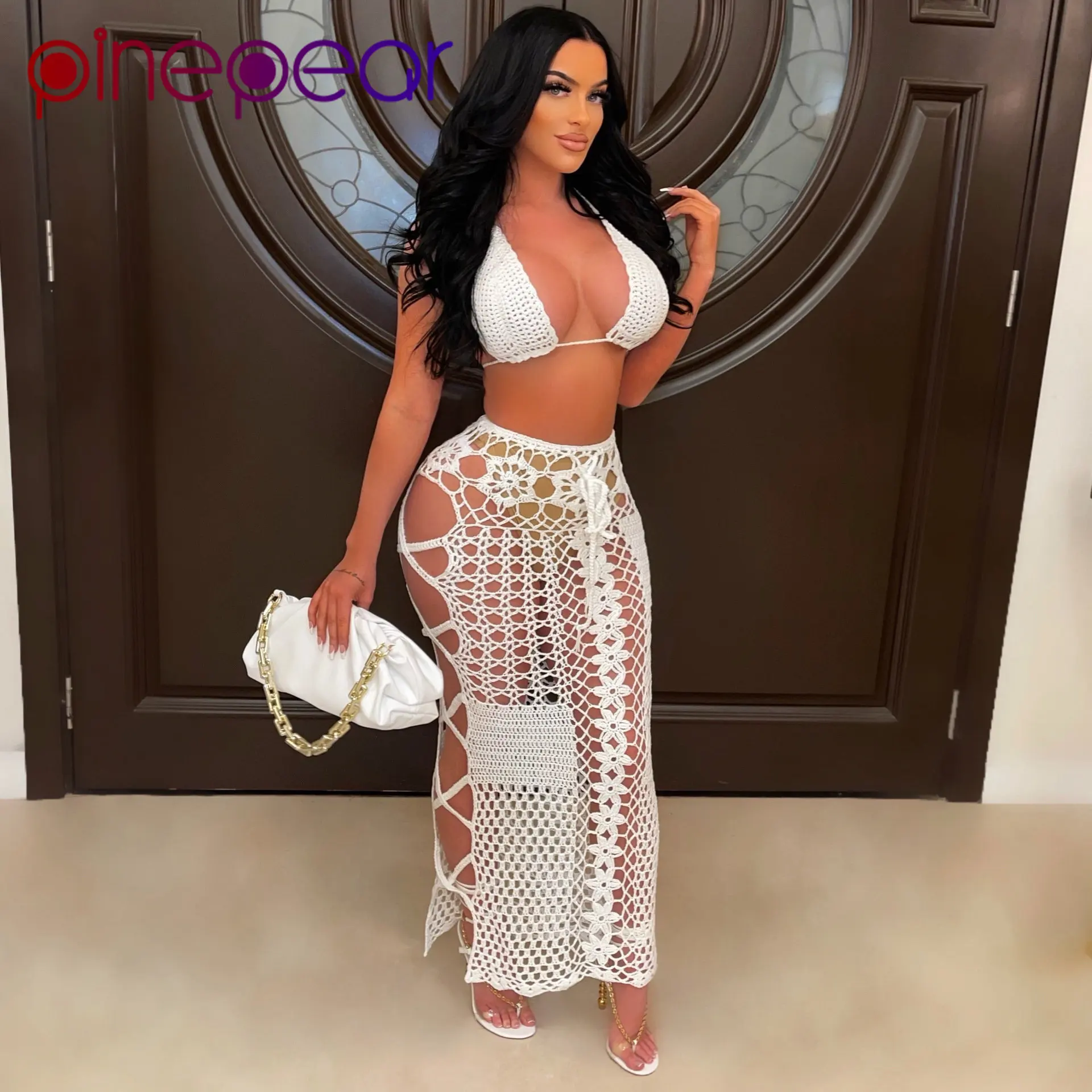 

PinePear Sexy Crochet Knitted 2 Piece Skirt Set Beach Party Dress Womens 2023 See Through Two Pieces Outfits Beachwear Wholesale
