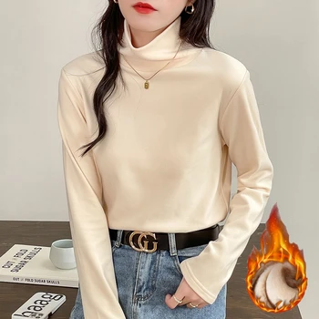 2025 سميكة صوف مبطن الياقة المدورة مزدوجة الوجهين المخملية الدافئة قاعدة تي شيرت الكورية نمط الخريف الشتاء طبقة قاعدة بسيطة القمم ﻿ 3