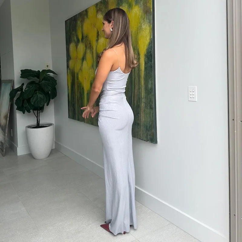 Spaghetti Strap Sexy Backless Maxi Dress Outfits Women Elegant Birthday Vestido 2025 New Club Party Ruched Dresses Female