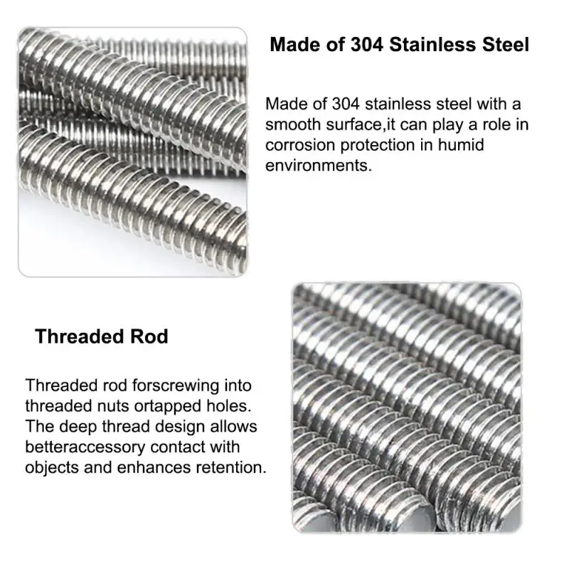 1pcs 304 Stainless Steel Threaded Rod Bolt M2-M20 250mm/500mm