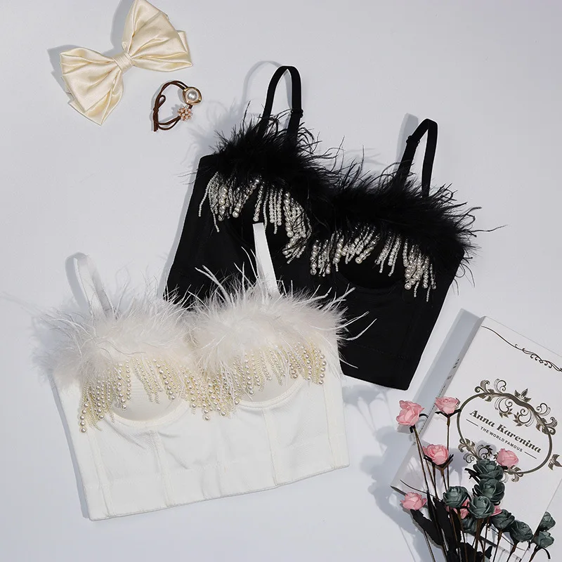 

Fluffy Feather Fur Tassel Pearl Women Tank Tops Streetwear Y2K Corset Nightclub Rave Party Bustier Spaghetti Strap Vest Camis