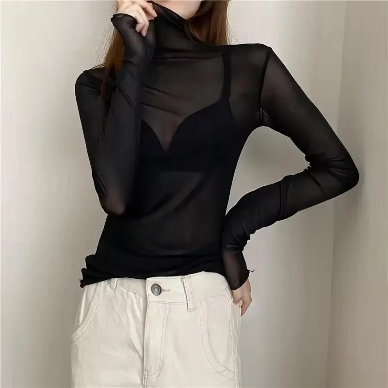 Sexy Women T Shirt See Through Transparent Mesh Tops Long Sleeve Autumn Ladies Solid Turtleneck Silk T-Shirt Lace Crop Top