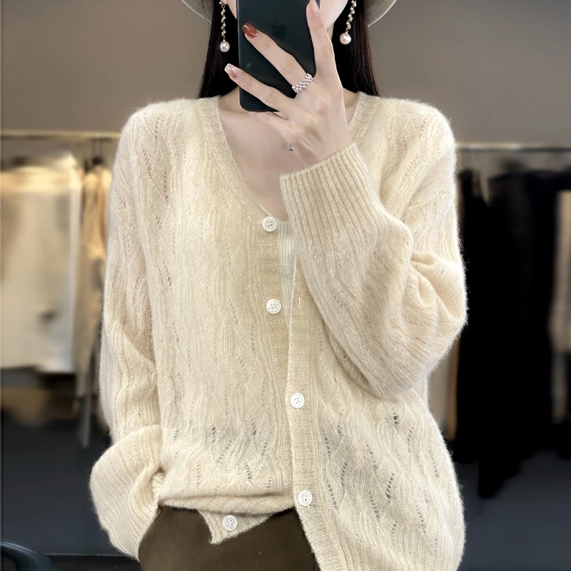 

Spring Autumn New Woolen Sweater Women's V-Neck Long Sleeved Hollow Loose Lazy Solid Color 100% Pure Wool Knitted Cardigan Top