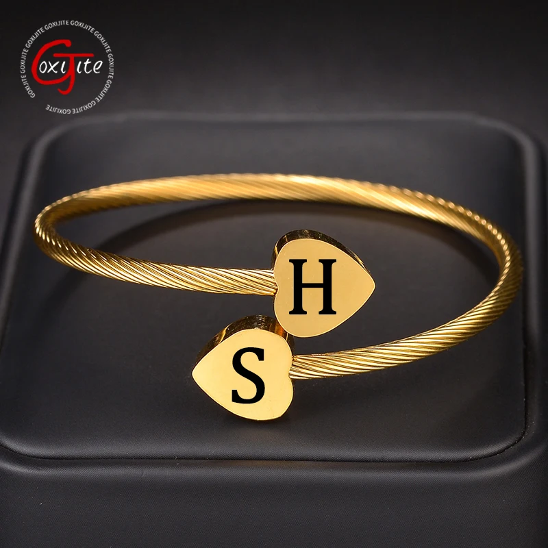 

Goxijite Custom Letter Bracelet For Women Girls Double Heart Engraving Bracelets Open Adjustable Bangle Fashion Gift For Lover