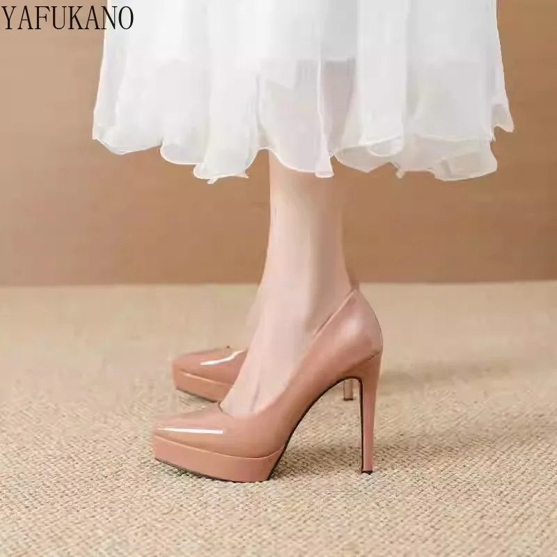 Nude Patent Leather High Heels 2025 Pointed Toe Waterproof Platform Thin Heel Shoes12CM Girl Party Prom Pumps Small Size 32 33 5