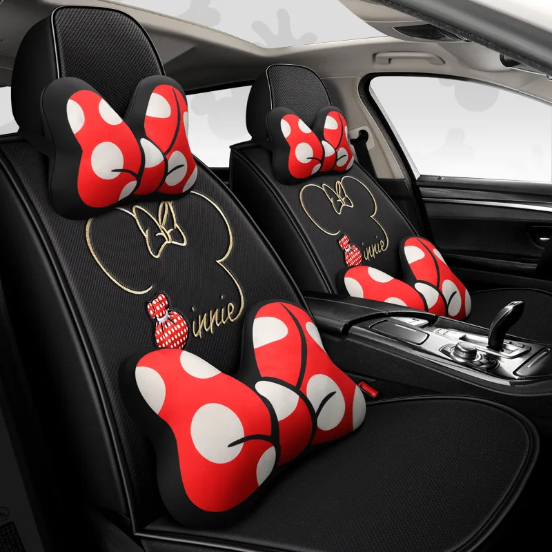 Disney-cojín de dibujos animados de Mickey Mouse para niñas, fundas de asiento universales antideslizantes, sin corbata, accesorios completos para automóviles, cuatro estaciones