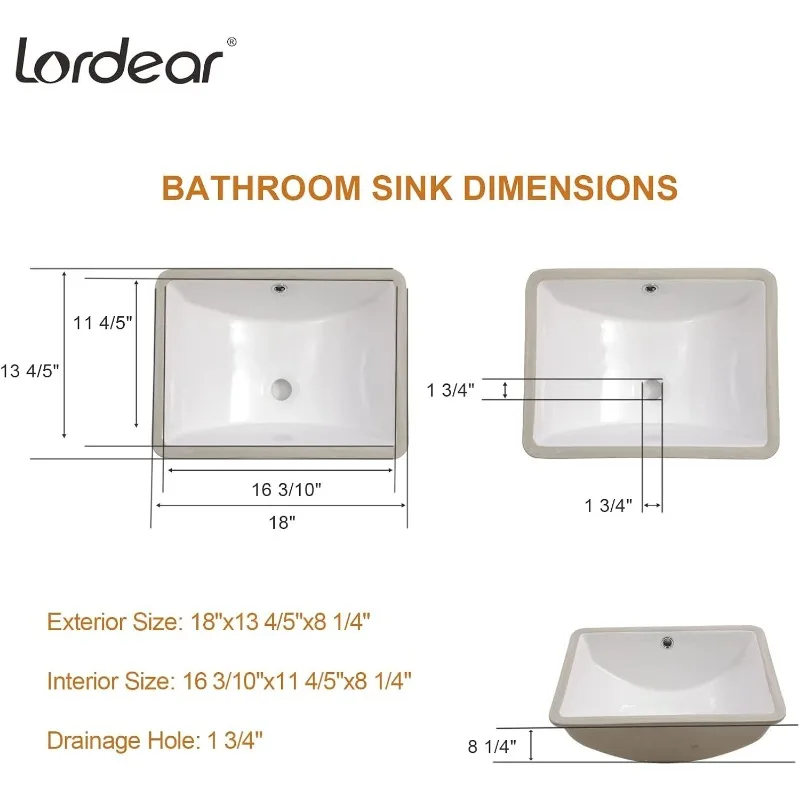 Undermount Bathroom Sink 18x14 Inch White Rectangular Ceramic Bathroom Sink Deep Basin with Overflow Vanity Basin Hand Basin 6