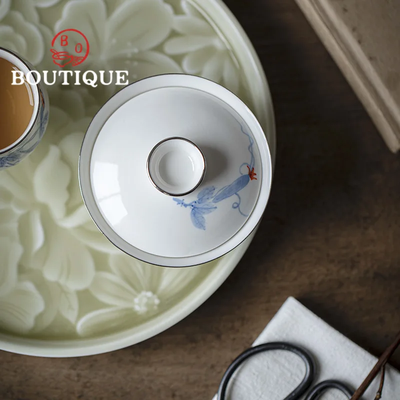 60ml Handpainted Luffa Ceramic Gaiwan Creative Silver Mouth Tea Tureen Thin Body Tea Maker Cover Bowl Cafes Equipment Collection