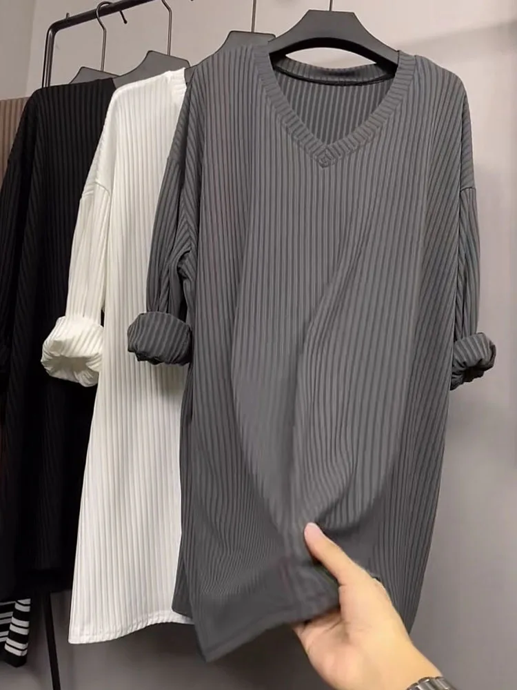 

Новинка 2024, Корейская футболка с длинным рукавом, женская одежда, весна-осень, повседневные свободные толстовки с V-образным вырезом и толстовки, футболки, топы, футболки