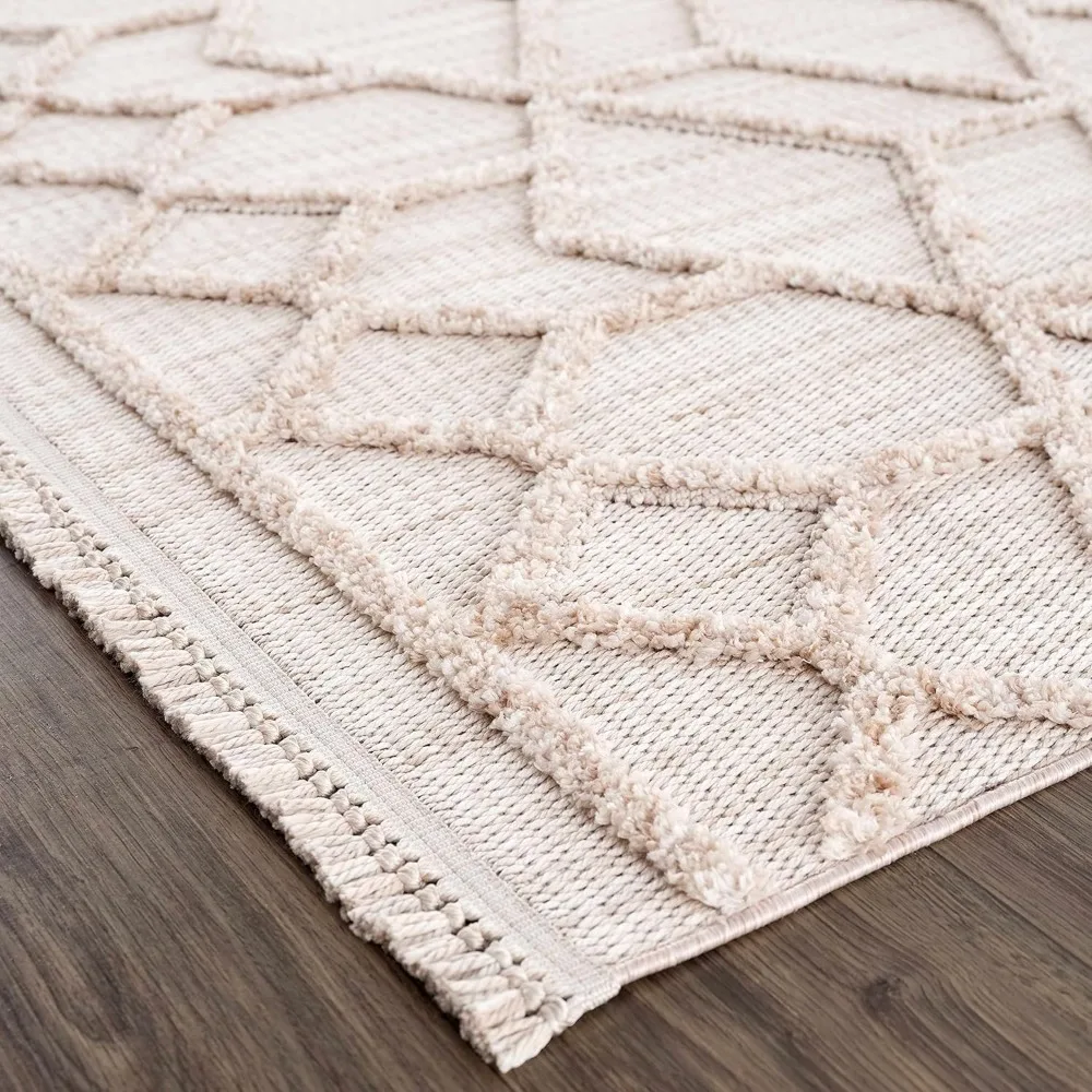 Malilinao Farmhouse Living Room Bedroom Modern Moroccan Trellis Area Rug-Soft Shaggy High Low Carpet-High Pile