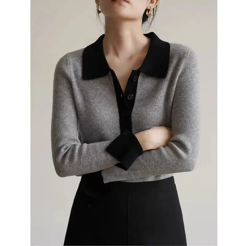 

Women's Autumn Winter Polo Neck Long Sleeve Patchwork Knitwear Sweater Fashion Casual Versatile Pullover Slim Print Elegant Tops