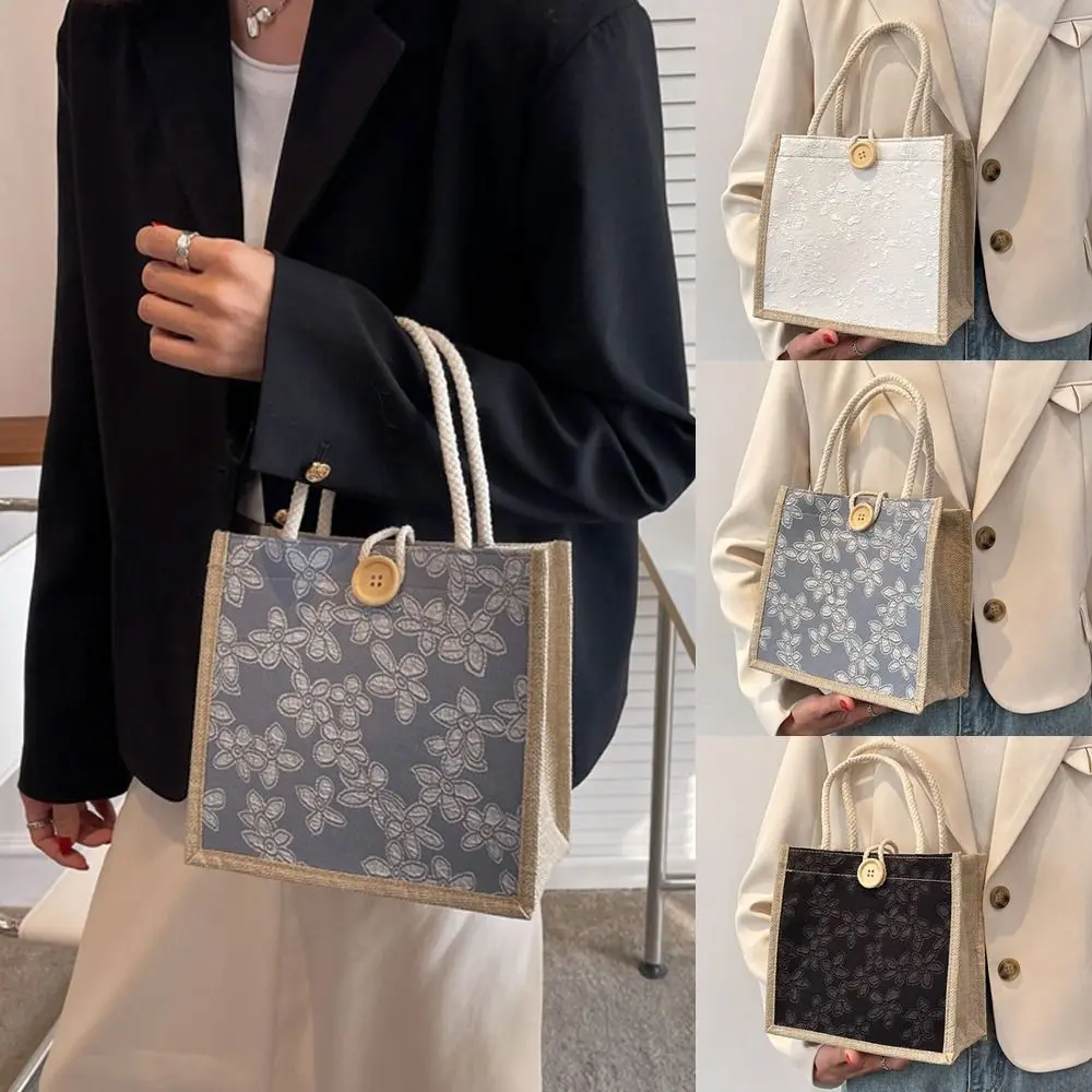 

Вместительная Холщовая Сумка с цветами, многоразовая Льняная сумка для пикника и завтрака с кнопкой, маленький тоут для студентов колледжей