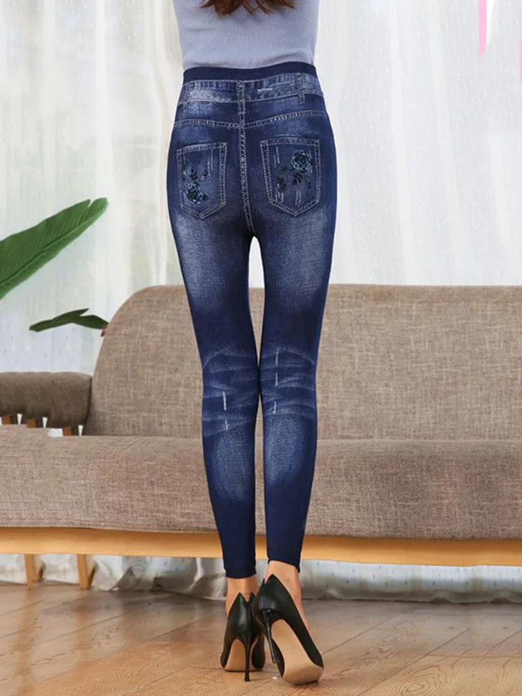 Mom Warm Print Leggings Imitate Denim Winter Plush Velvet Lined Leggins Pants slim Trousers Thicken Ankle-length Legginsy Broek