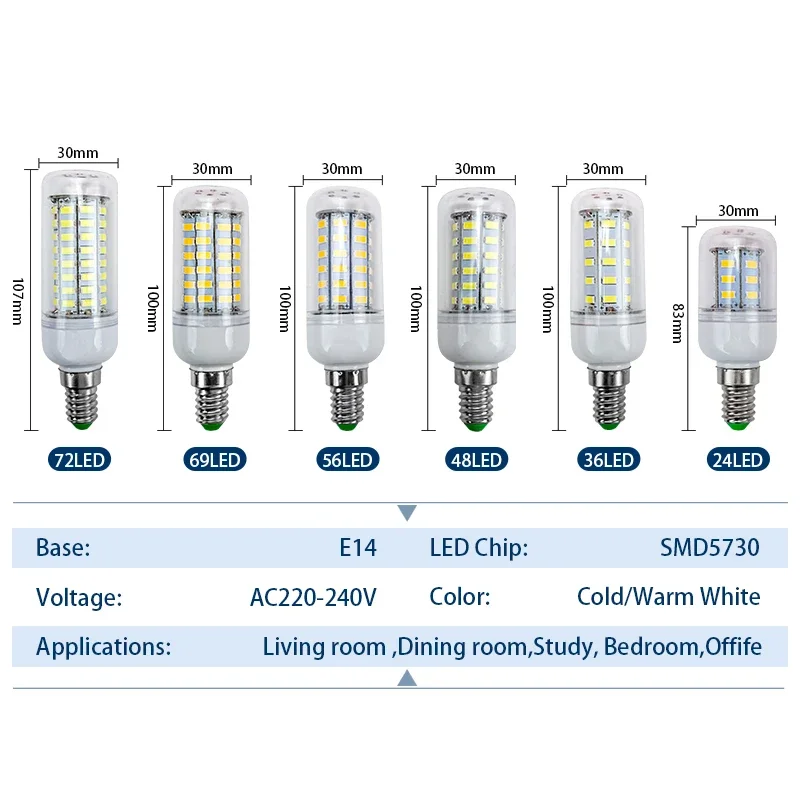 Led Light 10pcs/lot E27 Led Lamp AC 220V Corn Bulb 24 36 48 56 69 72leds SMD5730 E14 Chandelier Lighting