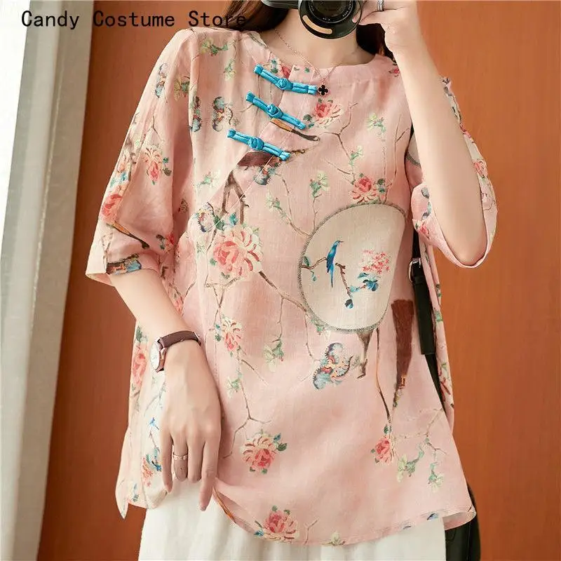 Tang Suit Chinese Blouse Woman Traditional Chinese Clothing Top Retro Flower Print Hanfu Top Women Tops Elegant Oriental