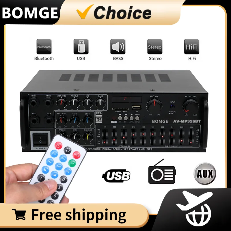 BOMGE 326 Audio Amplifier Car Home Bluetooth Power Amplifiers 2 Channel Bluetooth Surround Sound FM USB Remote Control