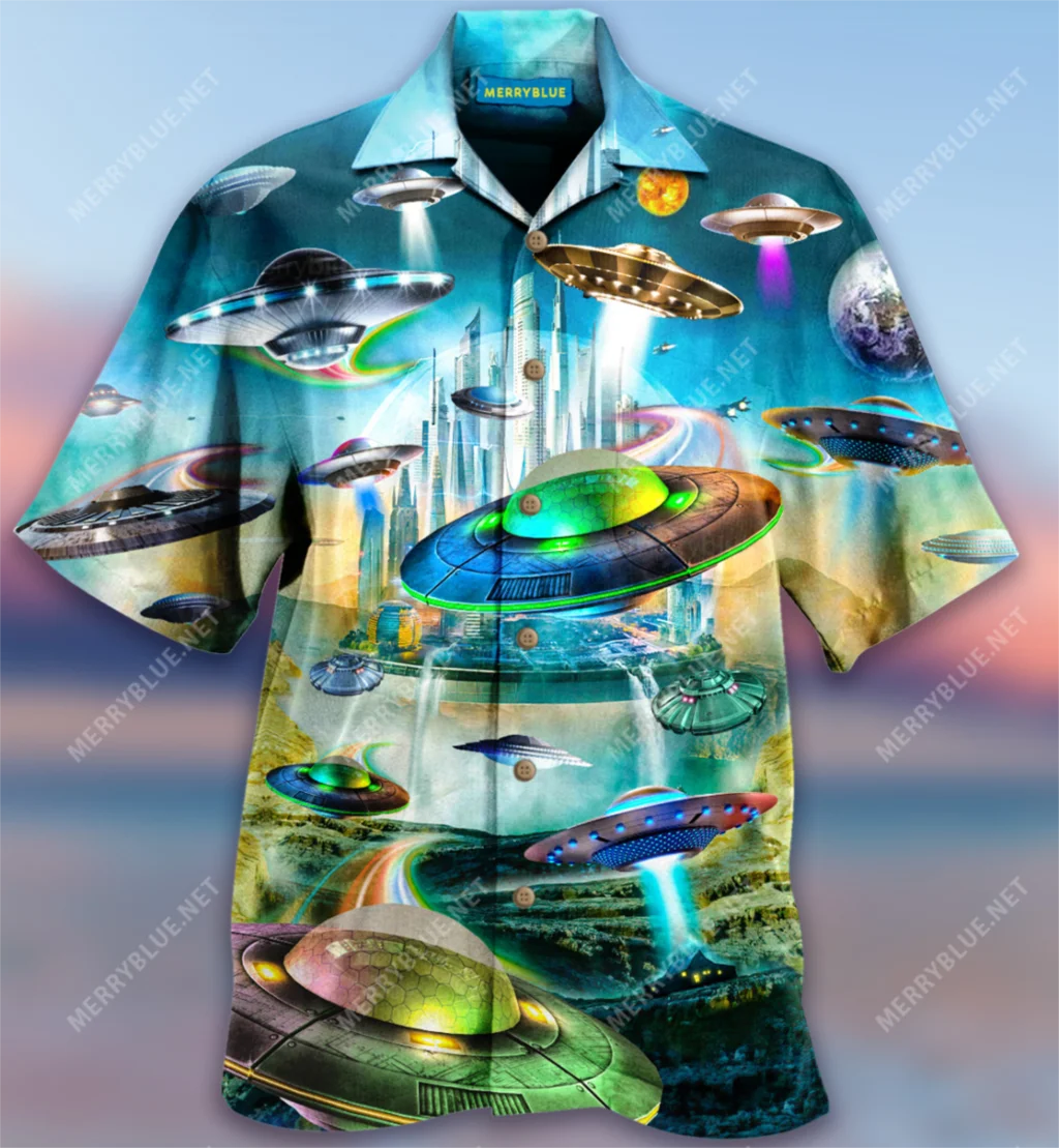 

New Men Hawaiian Shirt UFO Painting Alien Civilization Hawaii Summer Shirts Beach Short Sleeve Button Up Ahola Plus Size