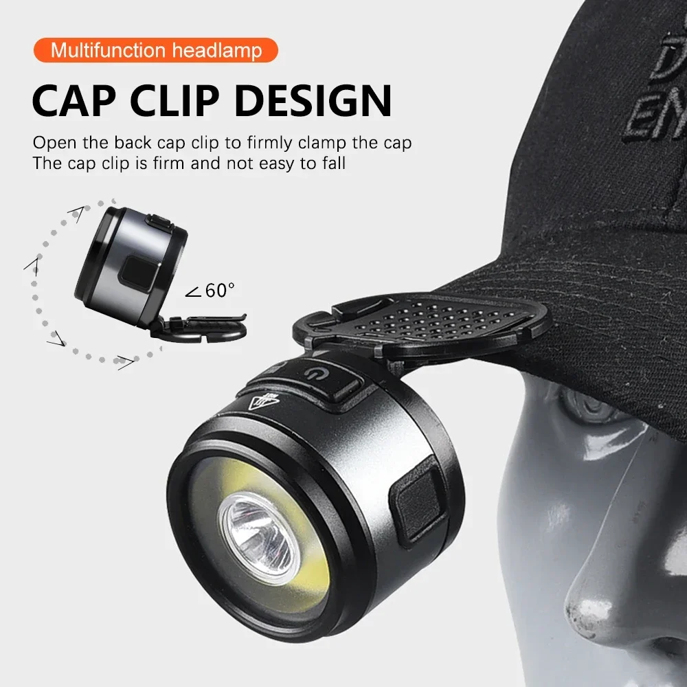 LED Headlamp Hat Clip Light USB Rechargeable Camping Light Waterproof Headlight with Strong Magnet COB Warning Lantern