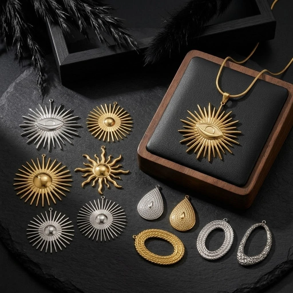 2 Stück Edelstahl-Anhänger mit goldenen Sonnen-Motiven für DIY-Ohrringe, Armbänder, Halsketten, Schmuckherstellung, Zubehör, Bastelbedarf – Detail 5