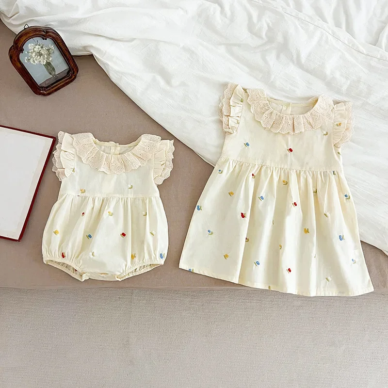 Cute Girls Summer Dresses Lace Collar Baby Bodysuits