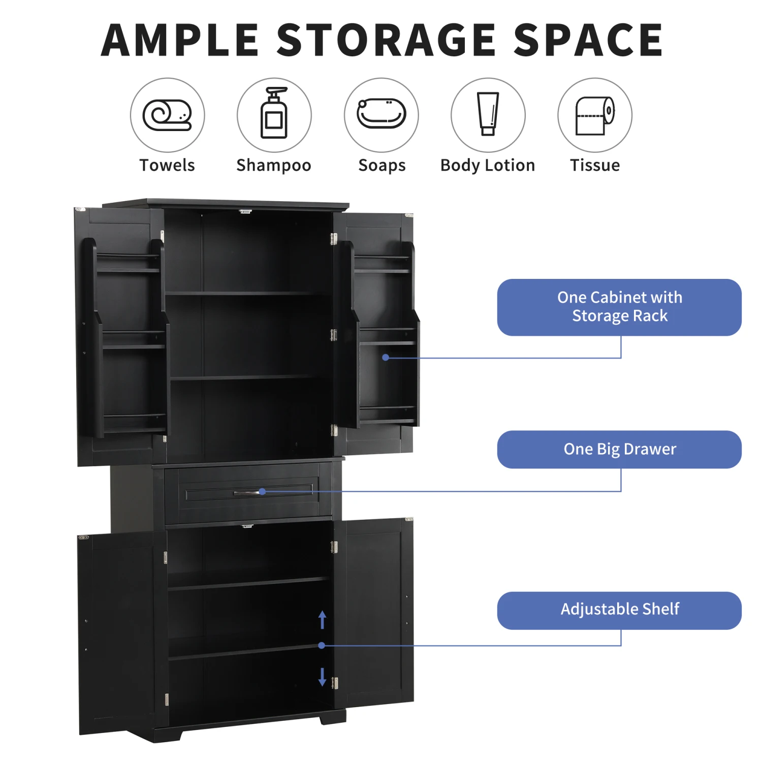 Bathroom Storage Cabinet with Doors and Drawer, Multiple Storage Space, Adjustable Shelf, Black 4
