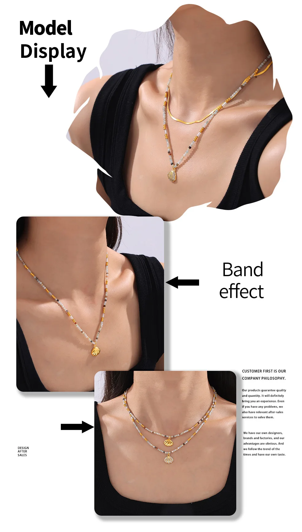 Bunte Naturstein Perlenkette Damen Edelstahl vergoldet Luxus Strass Muschel geformt Anhänger Charm Schmuck – Detail 3