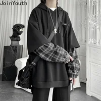 Vêtements pour femmes faux deux sweats à capuche Patchwork Plaid à capuche hauts surdimensionnés coréen Y2K vêtements pour adolescents Harajuku sweat-shirt décontracté 1